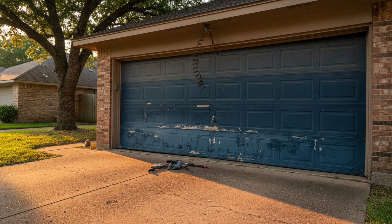Before repair - damaged garage door